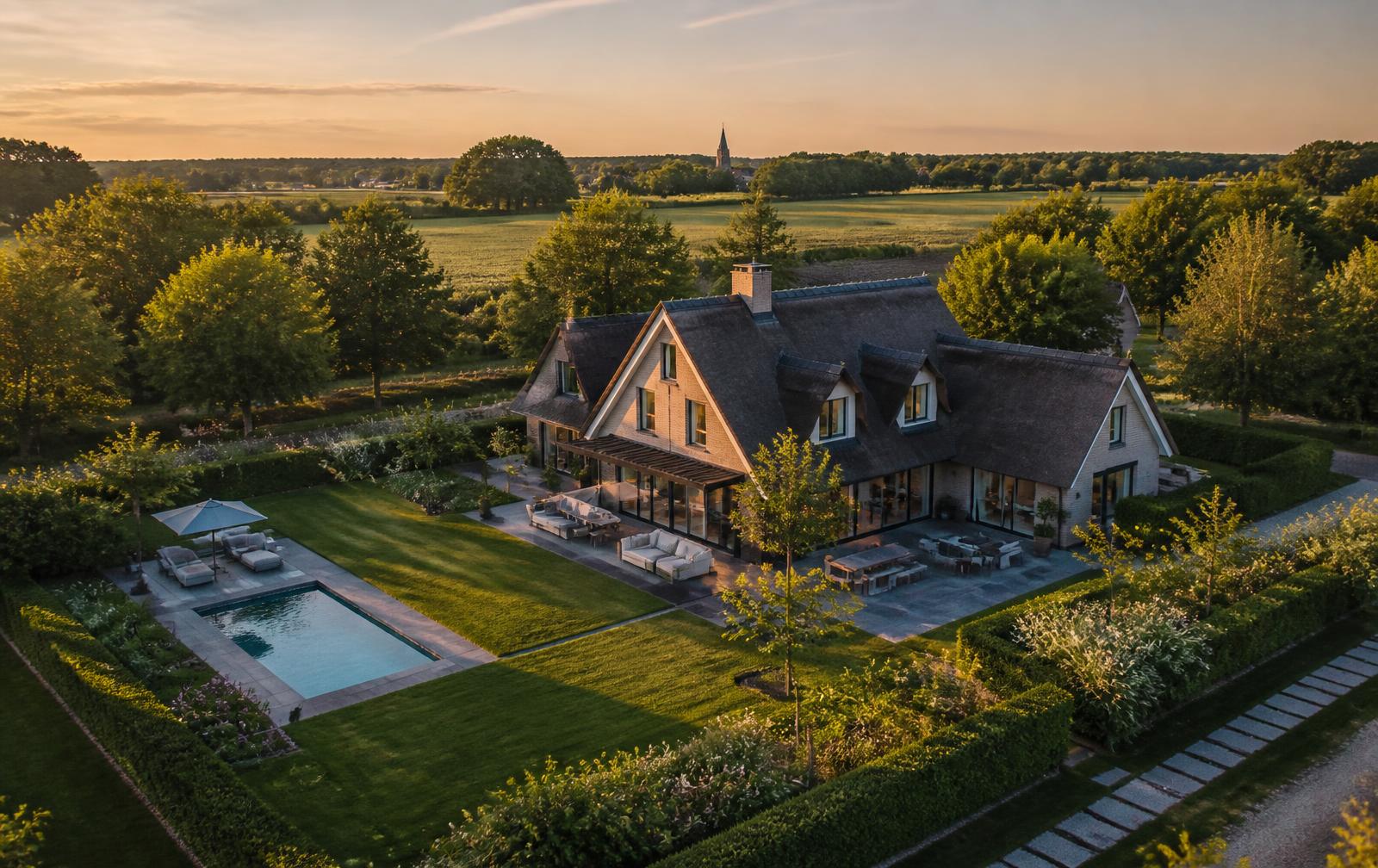 Luchtfoto van een woning met tuin bij zonsondergang in de omgeving van Eersel